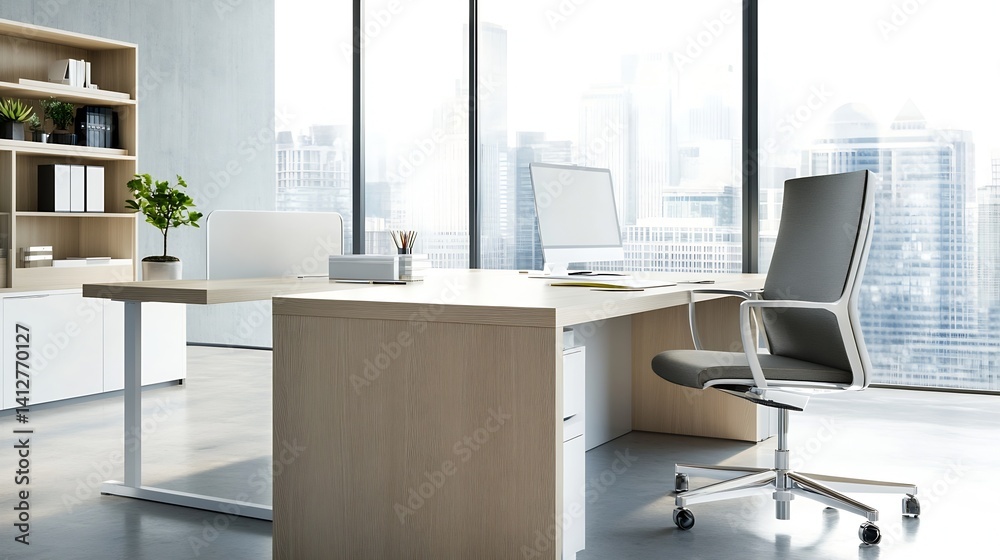 Poster modern bright office with large windows offering stunning cityscape views and minimalistic decor : g