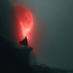 Mysterious Figure Standing Under a Glowing Red Moonlight