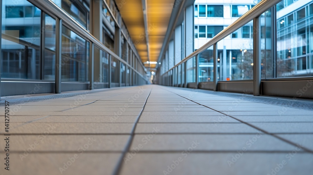 Poster perspective view of a long corridor with glass walls and smooth tile floor reflecting light : genera