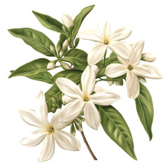 A branch of white flowers with green leaves and white background. 
