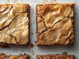 brownie square and one corner cut, white background, rich baked texture