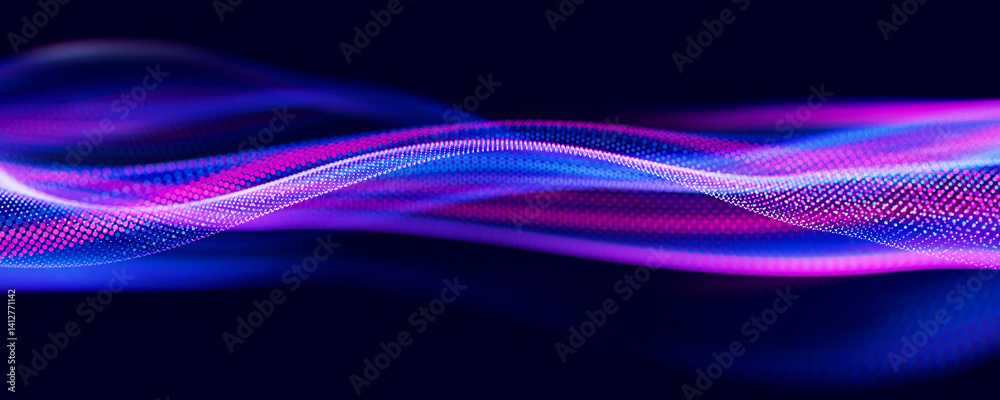 Poster Abstract wave of particles. Big data digital flow concept. LLM learning process, AI technology. Quantum computing. 