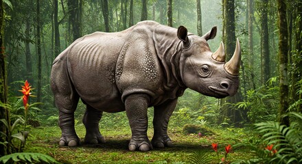 Fototapeta premium Sumatran Rhinoceros Pleistocene Rainforest JPG - Dicerorhinus Sumatrensis Ancient Environment Paleoart Photo