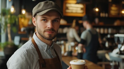 A young European man stands in a cafe, holding a coffee cup with a warm smile. The relaxed atmosphere blends modern decor with casual style, capturing everyday life.