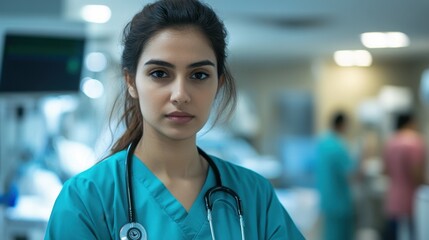 Obraz premium A young Indian female doctor in scrubs stands confidently in a healthcare setting, embodying professionalism and commitment to patient care in her 30s.