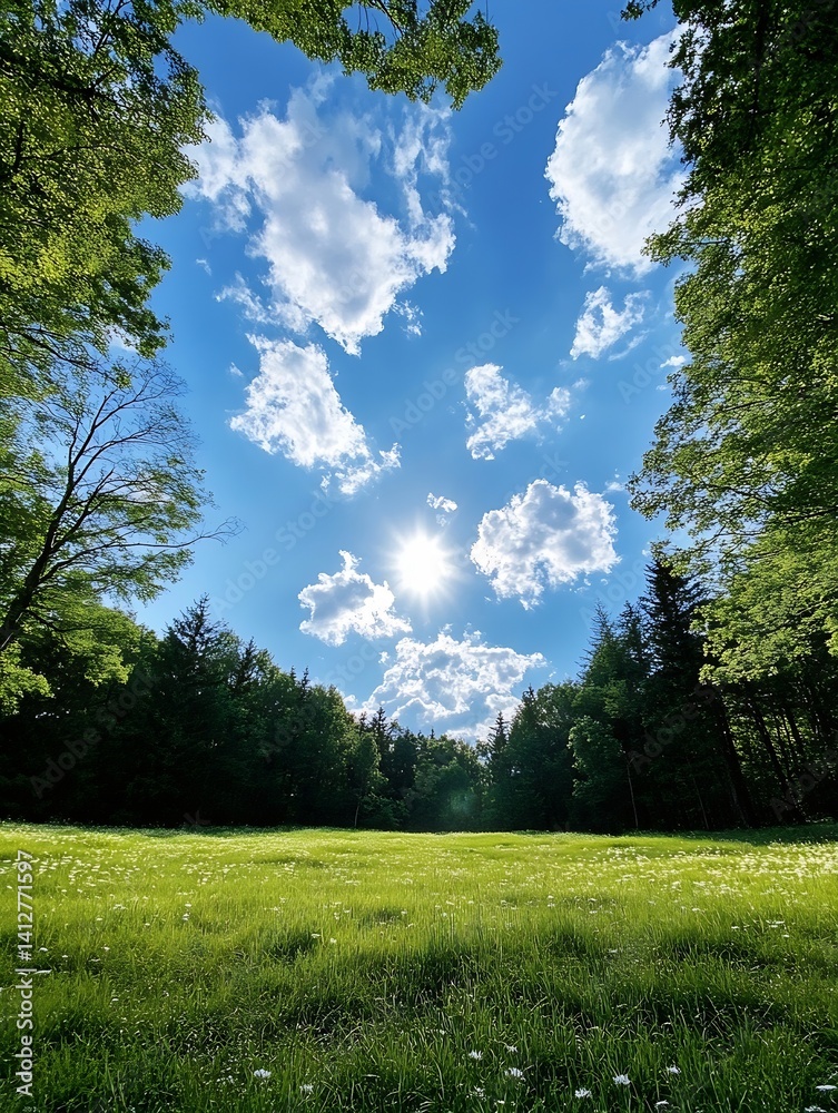 Poster beautiful sunny day in a lush green field surrounded by trees and blue sky with fluffy clouds : gene