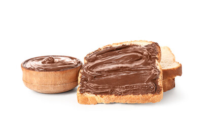 Toasts with sweet chocolate spread on white background