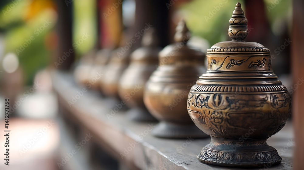 Aufkleber traditional bronze decorative urns in a row with intricate designs : generative ai