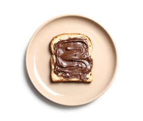 Plate of toast with sweet chocolate spread on white background