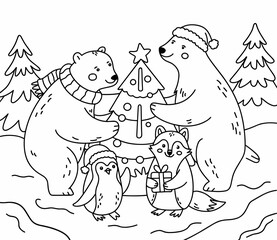 christmas, happy christmas, christmas coloring book, cute animal christmas coloring page, kids coloring, coloring page, coloring, cartoon, illustration, coloring book, vector, animal, drawing, sketch,