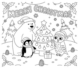 christmas, happy christmas, christmas coloring book, cute animal christmas coloring page, kids coloring, coloring page, coloring, cartoon, illustration, coloring book, vector, animal, drawing, sketch,