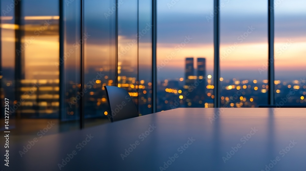 Poster stylish office workspace featuring modern chair and table with stunning city skyline lit up during t