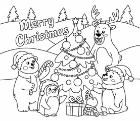 christmas, happy christmas, christmas coloring book, cute animal christmas coloring page, kids coloring, coloring page, coloring, cartoon, illustration, coloring book, vector, animal, drawing, sketch,