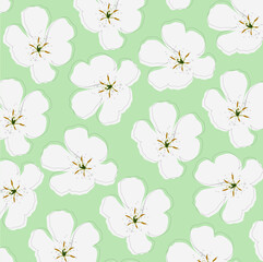Abstract daisy white flowers vector background. Large size flowers. Floral seamless pattern. Flat simple decorative of mint green pastel colour design. stock illustration