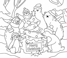 christmas, happy christmas, christmas coloring book, cute animal christmas coloring page, kids coloring, coloring page, coloring, cartoon, illustration, coloring book, vector, animal, drawing, sketch,