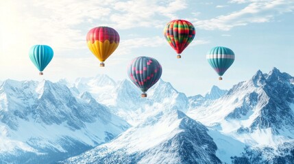 Fototapeta premium A vibrant hot air balloon floats above snow-covered mountains in a minimalist design