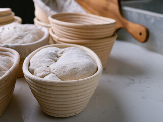 Sourdough Bread in Proofing basket, bannetons baskets for retarding raw dough before baking.