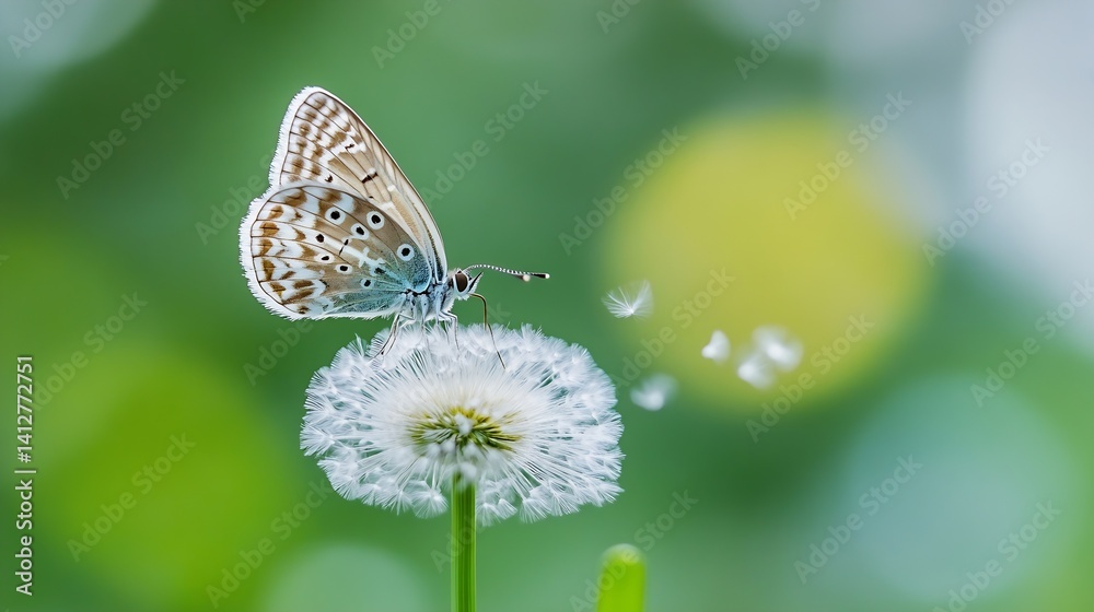 Poster Delicate Butterfly on a Dandelion Flower With a Colorful Abstract Background : Generative AI