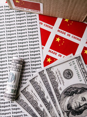 Words Import Seamless print on paper with MADE IN CHINA Lable and Dollar Bill for trading export...