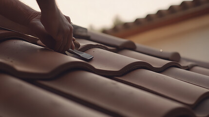 Roofing contractor replacing roof tiles on a house. Highlighting roof repair and home maintenance