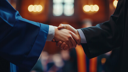 Handshake in Academic Robes Celebrating Achievement
