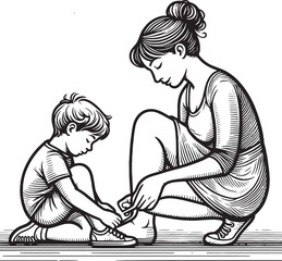 Line-Art Style Vector of a Mother Tying Her Child’s Shoelaces – A Symbol of Care and Love