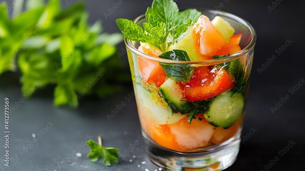 Poster fresh and colorful salad with cucumbers tomatoes and mint leaves in a crystal glass for healthy eati