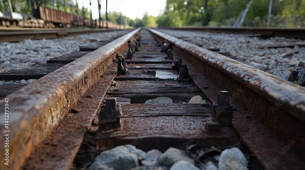 Poster rustic train tracks leading into the distance surrounded by nature and tranquil scenery : generative