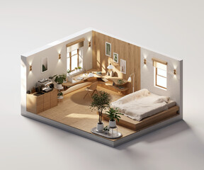 Isometric view bed room open inside interior architecture 3d rendering digital art	
