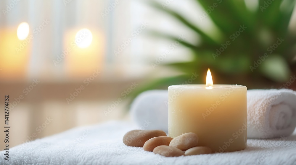 Leinwandbilder serene candle with pebbles and towel on a spa table glowing softly in natural light : generative ai