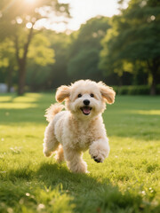 Cute pet dog running and playing on the grass
