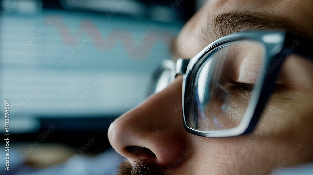 Fototapete Close Up of Man with Glasses Being Focused on Data Screen While Relaxing and Thinking : Generative AI