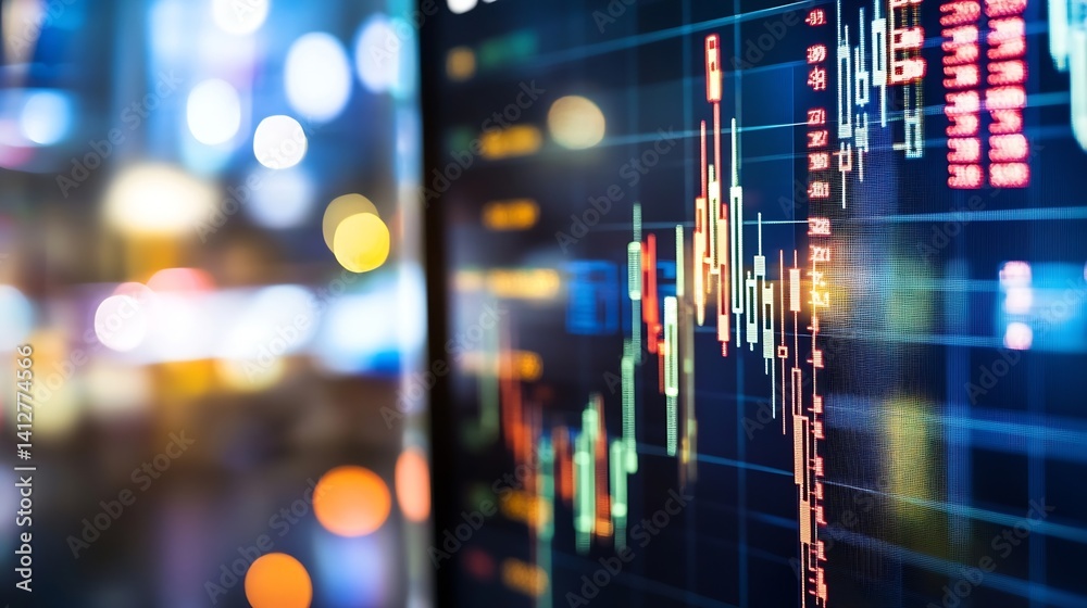 Poster close up of a financial data screen showing stock market trends and charts : generative ai