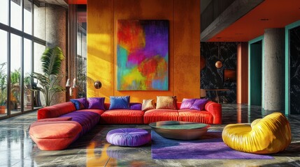 Luxury Interior Design with Vibrant Artwork and Modern Furnishings 4K