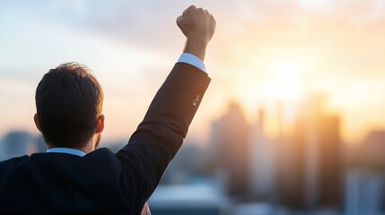 Man Celebrating Victory with Raised Fist Against City Skyline at Sunset : Generative AI