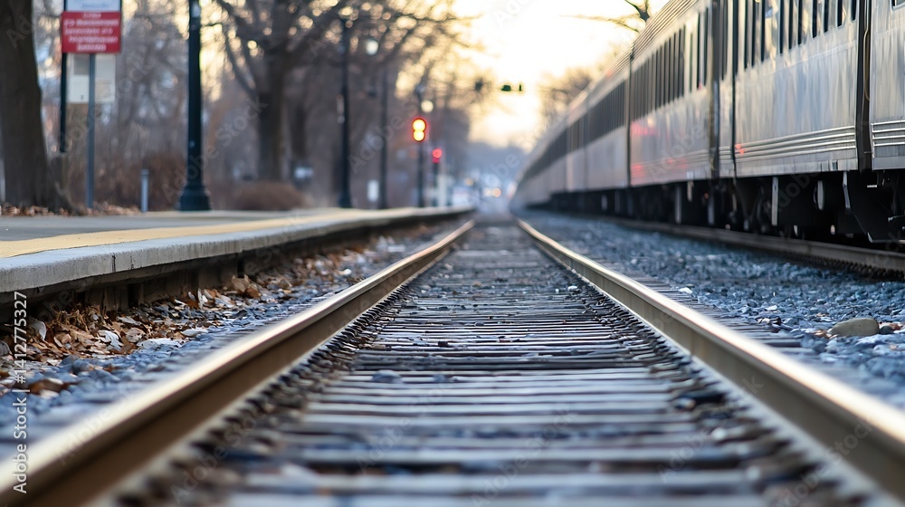 Aufkleber dynamic perspective of train tracks leading to a journey at dusk in an urban setting : generative ai