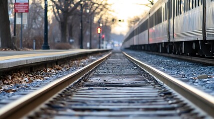 Naklejka premium Dynamic Perspective of Train Tracks Leading to a Journey at Dusk in an Urban Setting : Generative AI
