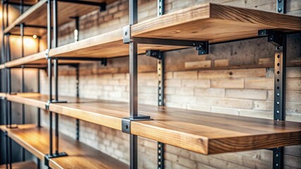 Rustic wooden shelves with industrial metal framework against a light brick wall