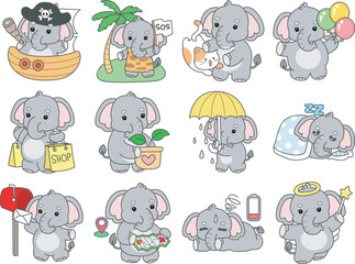 Cute Elephant vector icon. Funny baby Elephant animal series stock illustration. Life of fluffy Elephant designs.