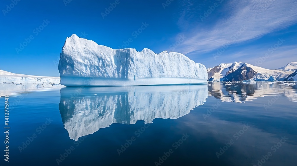 Poster majestic floating iceberg reflection on calm water with stunning blue skies and mountains in backgro