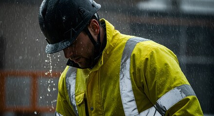 Worker in rain with hard hat, and safety.