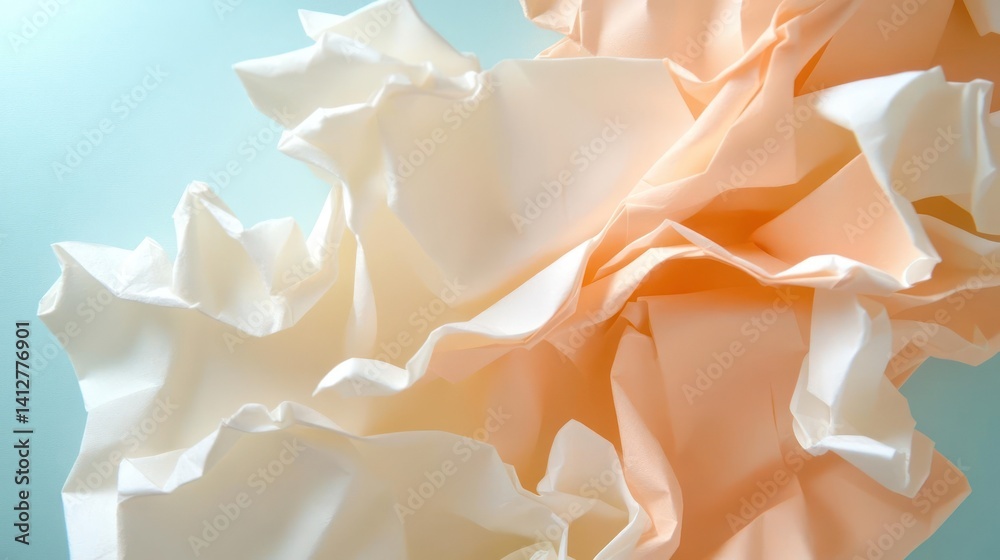 Leinwandbilder Close-up shot of crumpled ivory and light orange fabric on a teal surface. The soft lighting accentuates the texture and folds of the fabric, creating an abstract and elegant composition