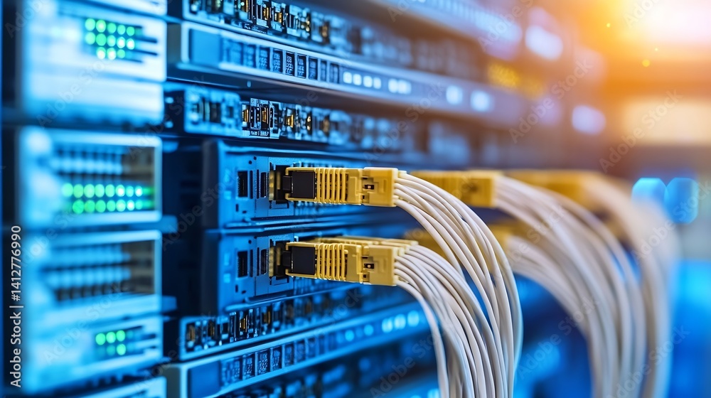 Poster High-Tech Network Server System with Fiber Optic Cables at Data Center : Generative AI
