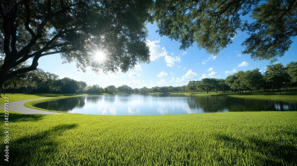 Poster scenic landscape featuring a tranquil lake reflecting the sky, surrounded by lush green grass and sh
