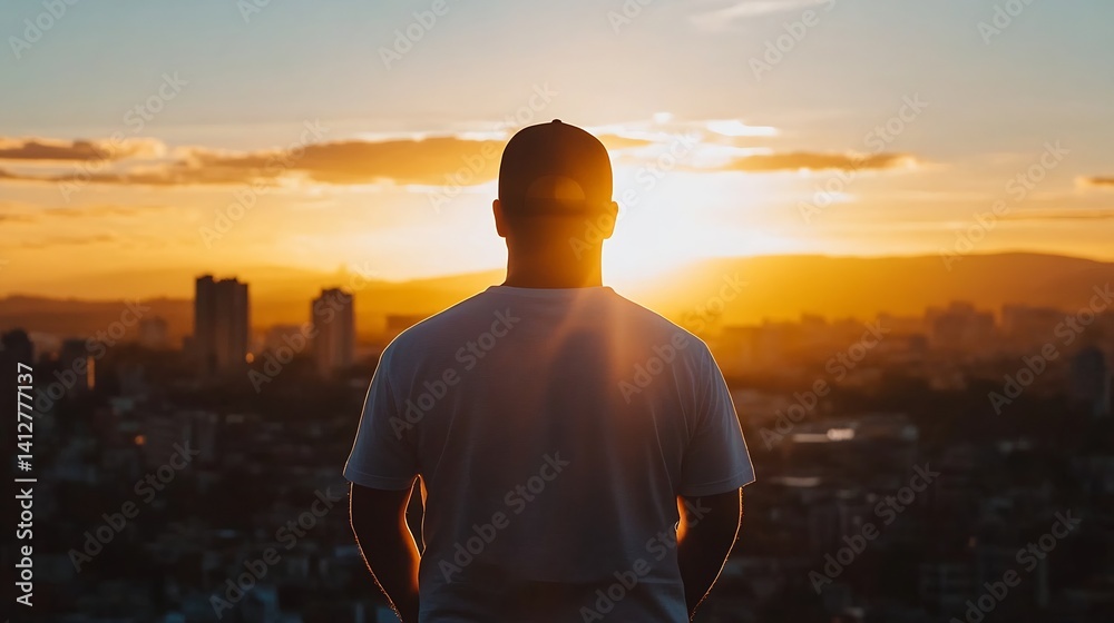 Poster Silhouette of man enjoying sunset view over city skyline creating a sense of freedom and reflection : Generative AI