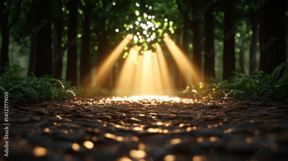 Leinwandbilder a ground-level perspective captures sunlight filtering through a dense forest, creating a golden glo