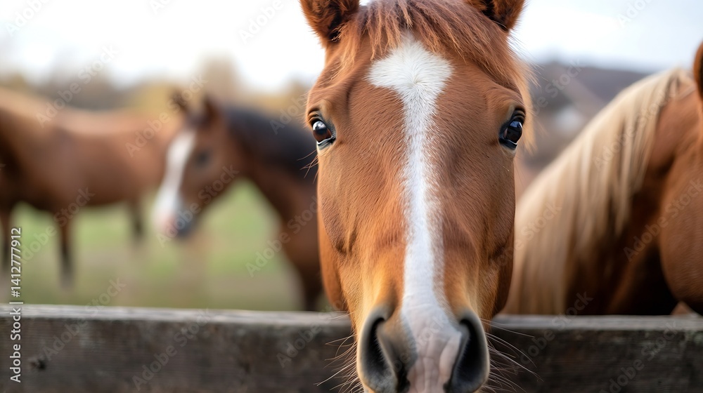Poster close up portrait of a beautiful horse with background blurry pony group in pasture : generative ai