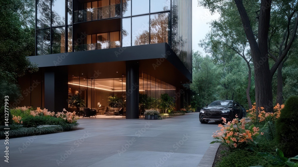 Poster an eye-level view captures a modern building with a sleek, dark facade and glass windows reflecting 