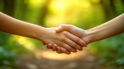 Two hands clasped in agreement, outdoors in sunlight