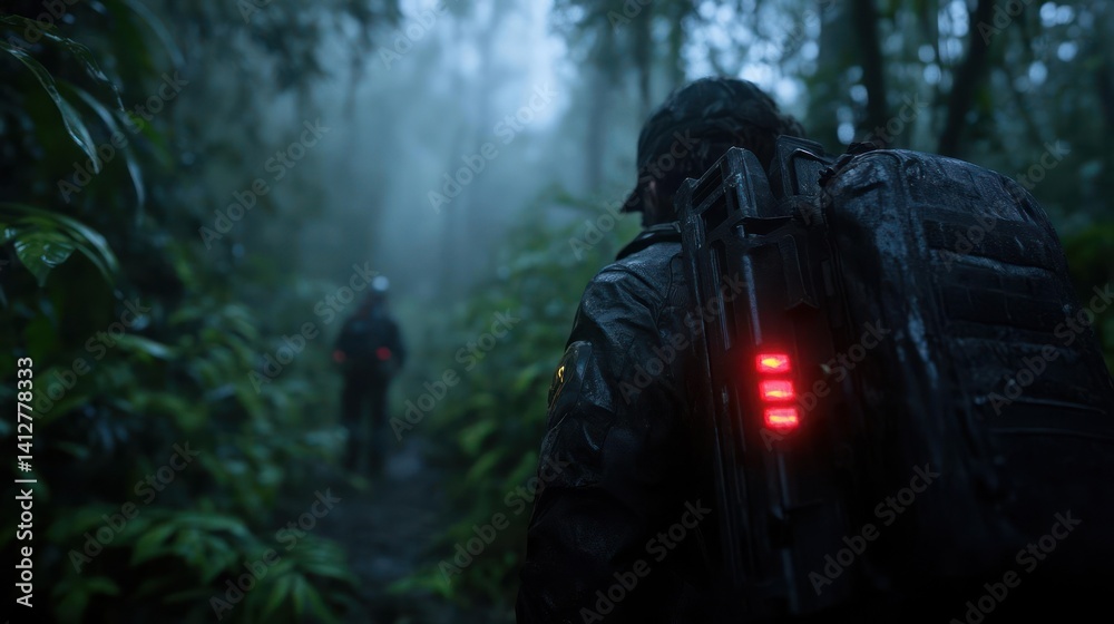 Poster this photo features two individuals in a dense, green forest. the foreground shows a figure with a b